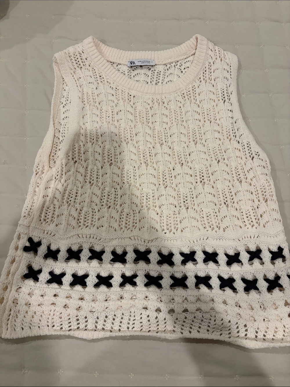 Zara Cream Crochet Sleeveless Tank with Black Cross Trim